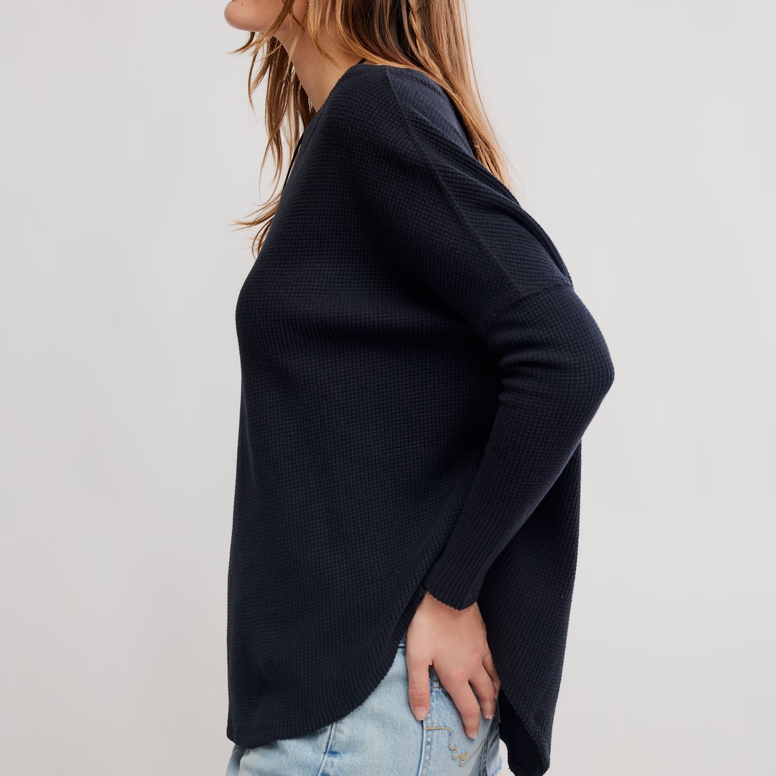 FREE PEOPLE LATTE BLUES THERMAL SOLID TOP - BLACK