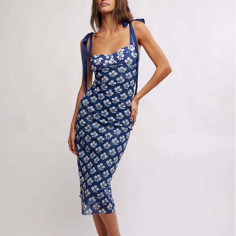 FREE PEOPLE PRINTED GOT GLAM SLIP DRESS - NAVY COMBO