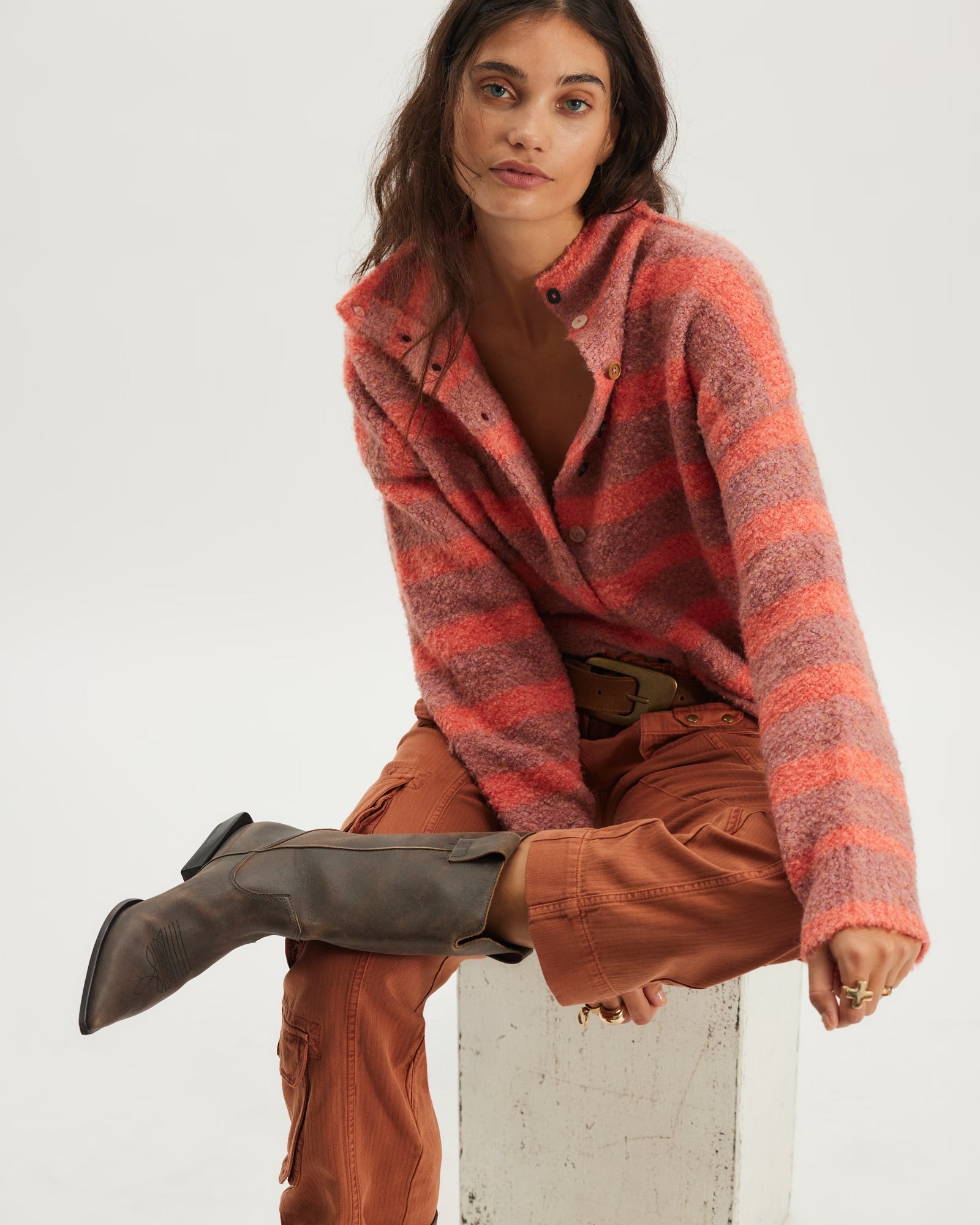 FREE PEOPLE BUTTON COLLECTION CARDI - PEACH COMBO