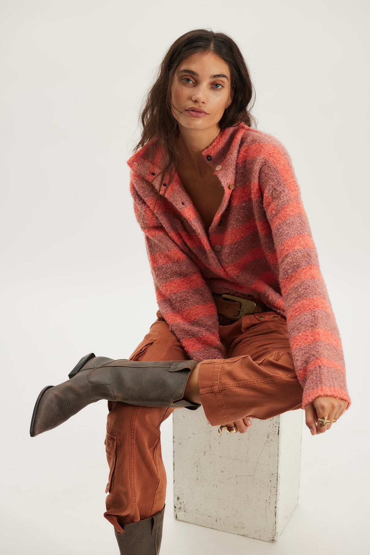 FREE PEOPLE BUTTON COLLECTION CARDI - PEACH COMBO
