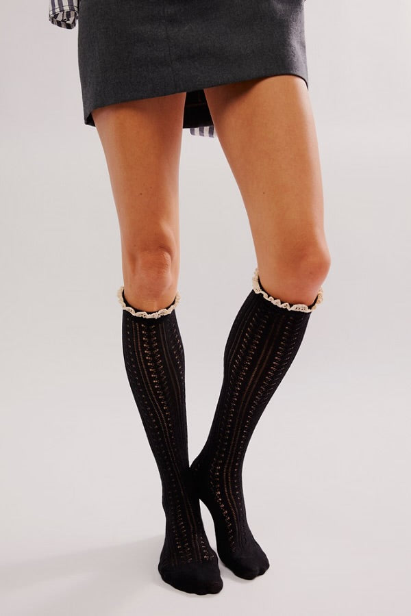 FREE PEOPLE MISTY NET POINTELLE TALL SOCKS - BLACK