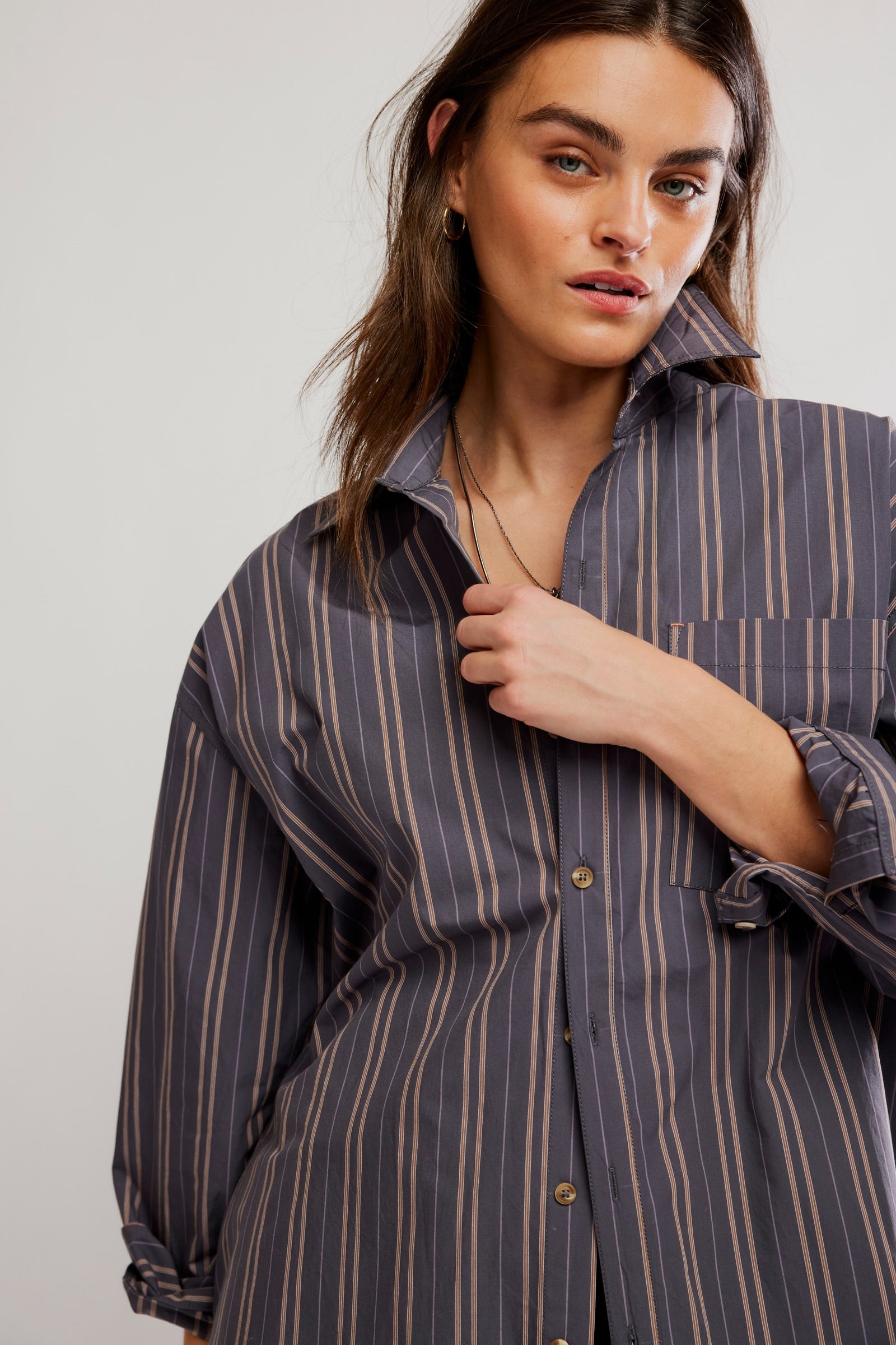 FREE PEOPLE FREDDIE STRIPED BUTTON DOWN SHIRT - GREY COMBO