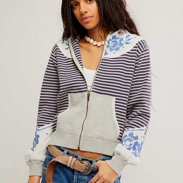 FREE PEOPLE LYDIA ZIP UP - GREY COMBO