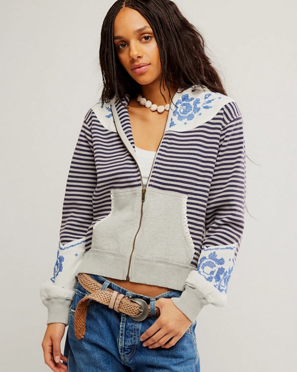 FREE PEOPLE LYDIA ZIP UP - GREY COMBO