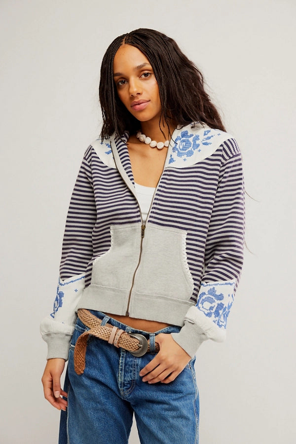 FREE PEOPLE LYDIA ZIP UP - GREY COMBO