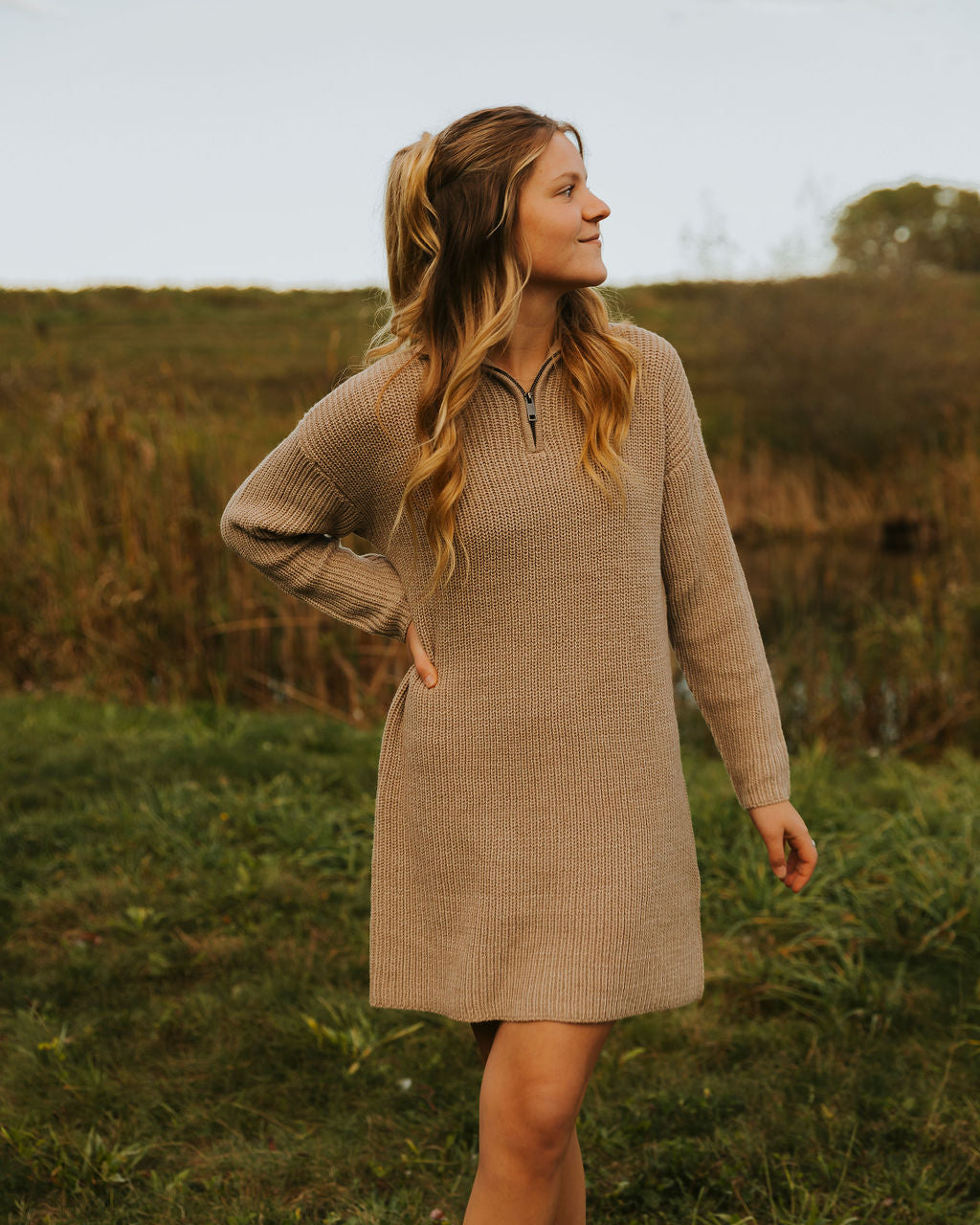 AMARA ZIP KNIT DRESS - DUNE MELANGE - LAST SIZE XS