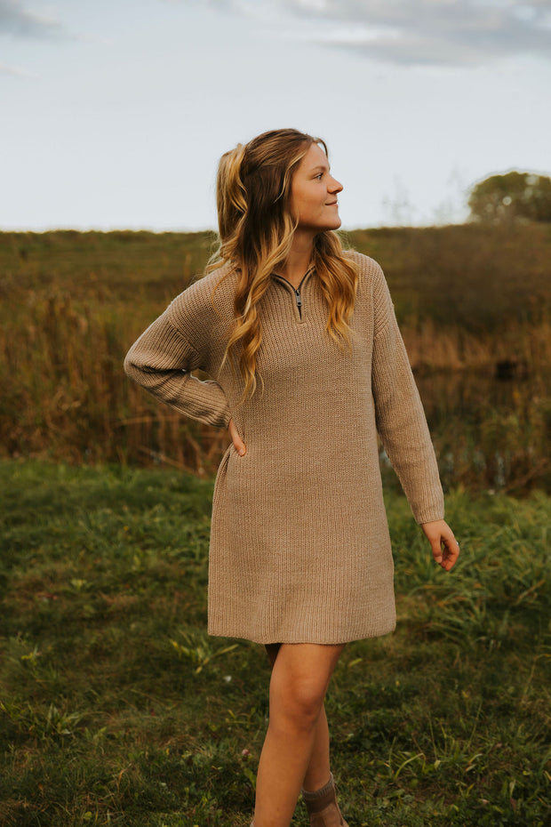 AMARA ZIP KNIT DRESS - DUNE MELANGE - LAST SIZE XS