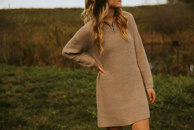 AMARA ZIP KNIT DRESS - DUNE MELANGE