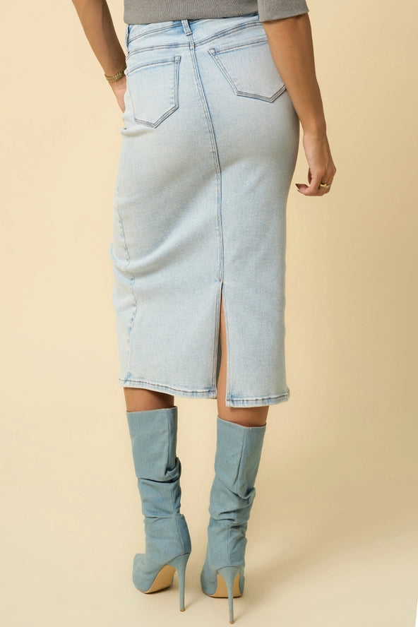 CROSSOVER MIDI DENIM SKIRT - LIGHT WASH