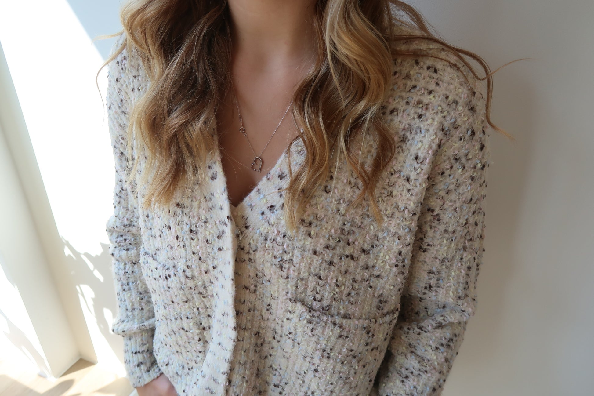 NEDI LONG SLEEVE CARDIGAN - CREAM FLECK