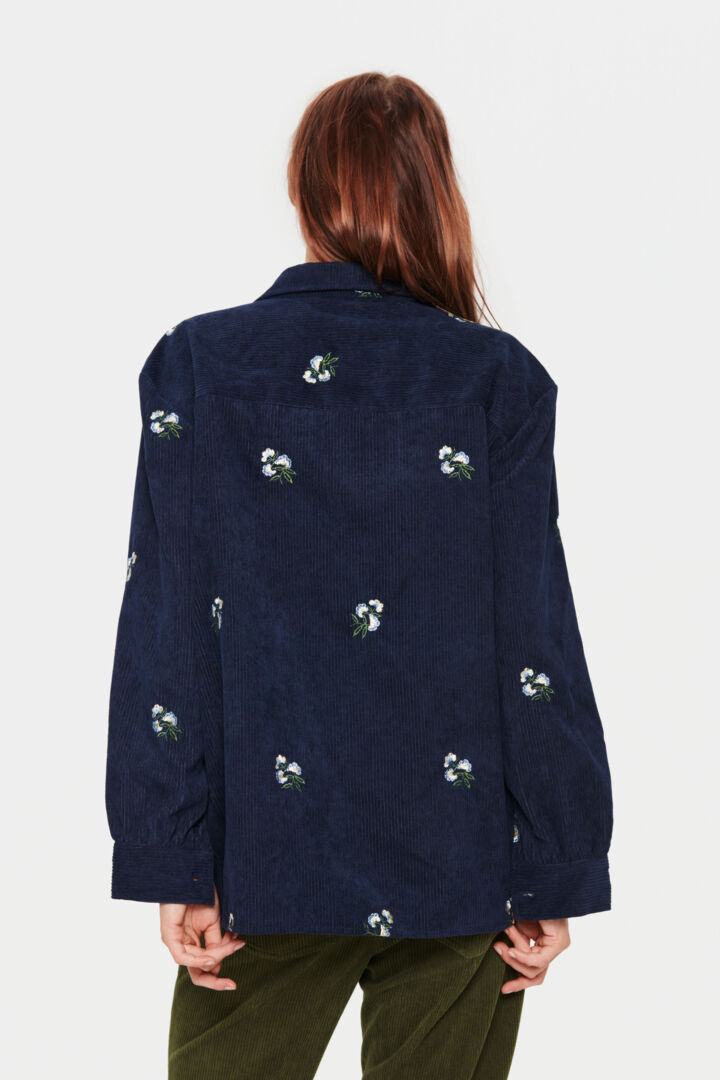 ANJI EMBROIDERED CORDUROY BUTTON DOWN - NAVY