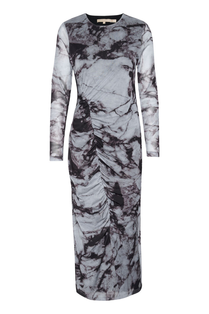 ATTIE MELIDA RUCHED MIDI DRESS - GREY GRAPHIC