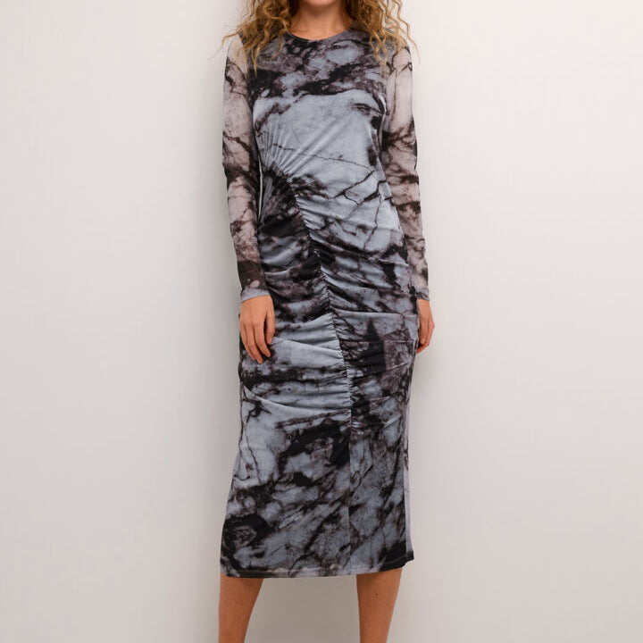 ATTIE MELIDA RUCHED MIDI DRESS - GREY GRAPHIC