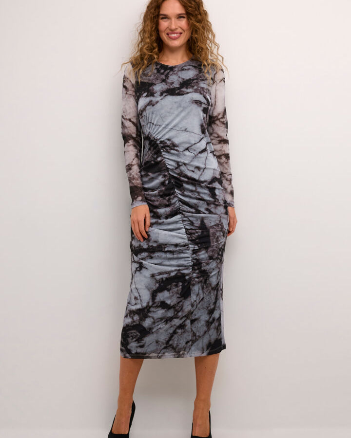 ATTIE MELIDA RUCHED MIDI DRESS - GREY GRAPHIC