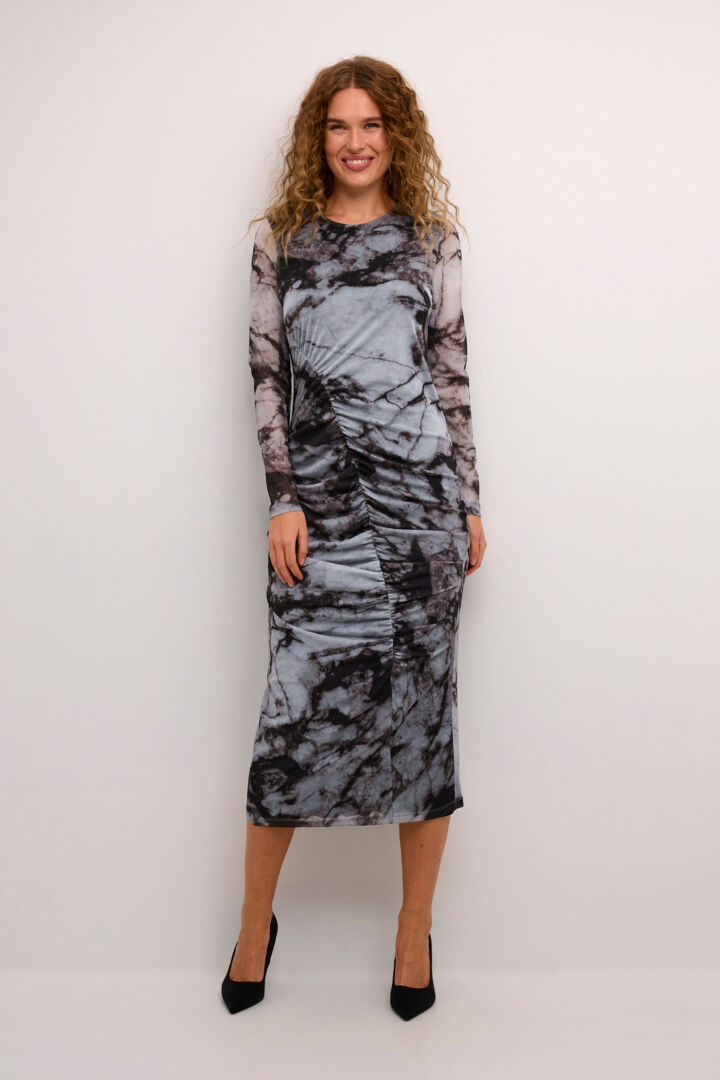 ATTIE MELIDA RUCHED MIDI DRESS - GREY GRAPHIC