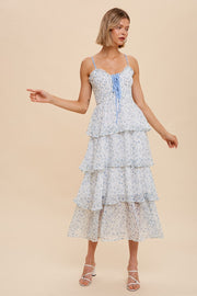 GARDEN PARTY TIERED LACE UP FLORAL DRESS - FRENCH BLUE