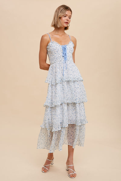 GARDEN PARTY TIERED LACE UP FLORAL DRESS - FRENCH BLUE