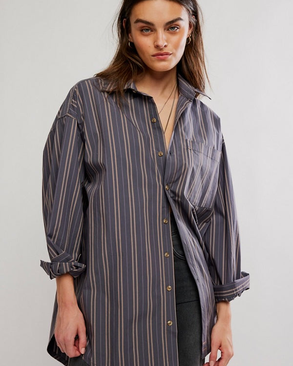 FREE PEOPLE FREDDIE STRIPED BUTTON DOWN SHIRT - GREY COMBO