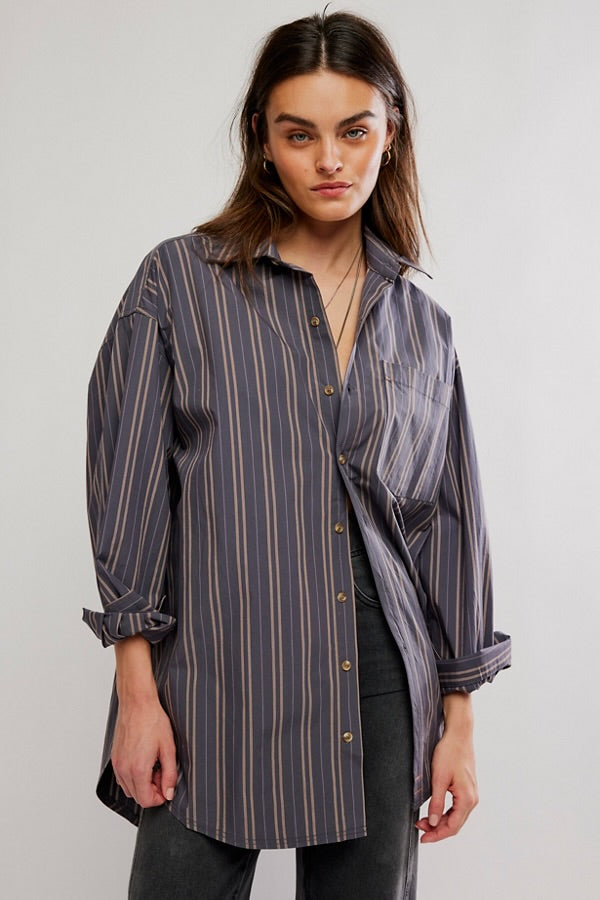 FREE PEOPLE FREDDIE STRIPED BUTTON DOWN SHIRT - GREY COMBO