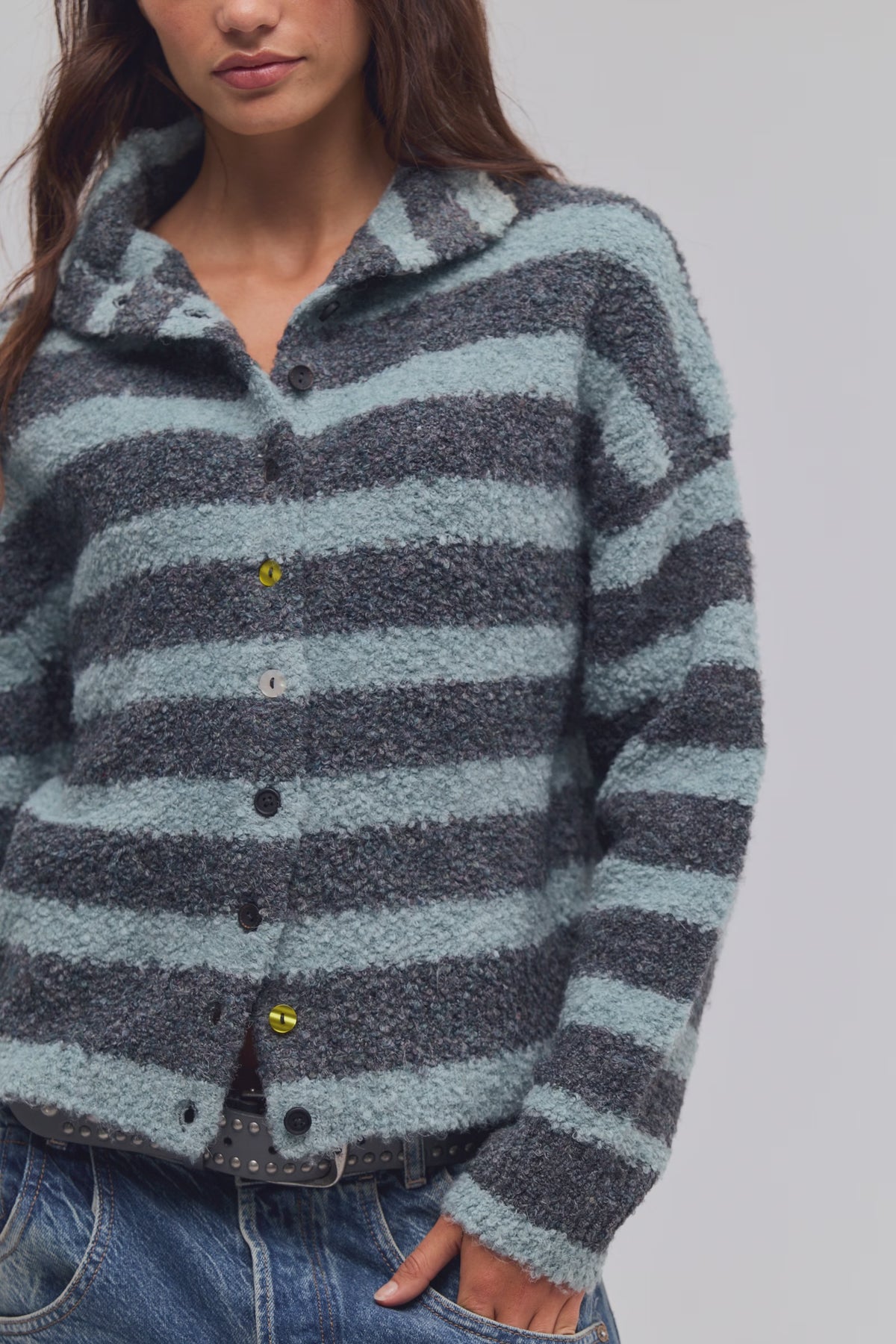 FREE PEOPLE BUTTON COLLECTION CARDI - STORM CLOUD COMBO