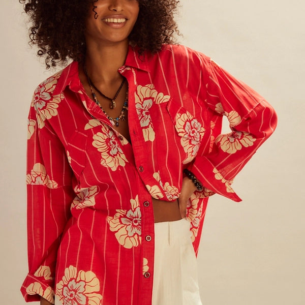 FREE PEOPLE HIDDEN FLOWER CAMO SHIRT - CHERRY COMBO