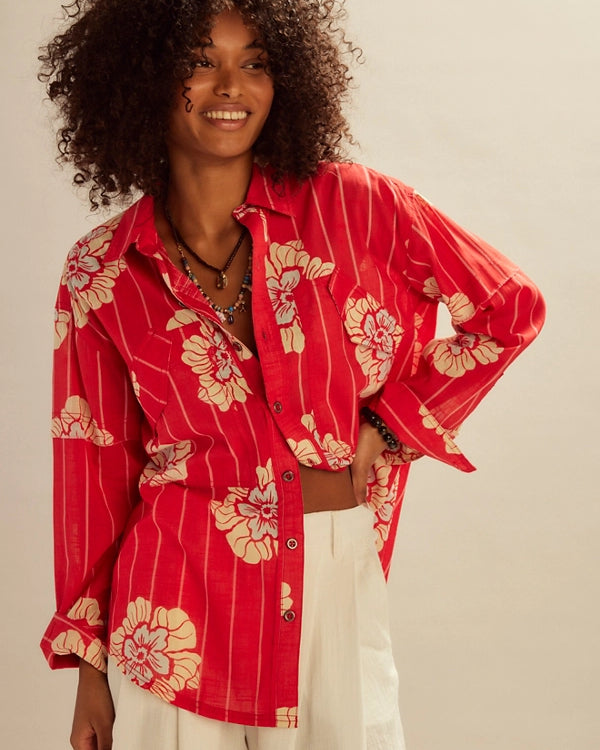 FREE PEOPLE HIDDEN FLOWER CAMO SHIRT - CHERRY COMBO