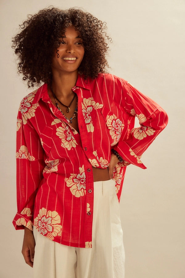 FREE PEOPLE HIDDEN FLOWER CAMO SHIRT - CHERRY COMBO