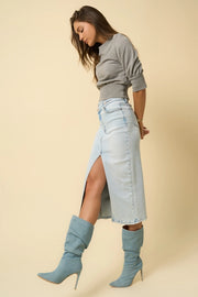 CROSSOVER MIDI DENIM SKIRT - LIGHT WASH