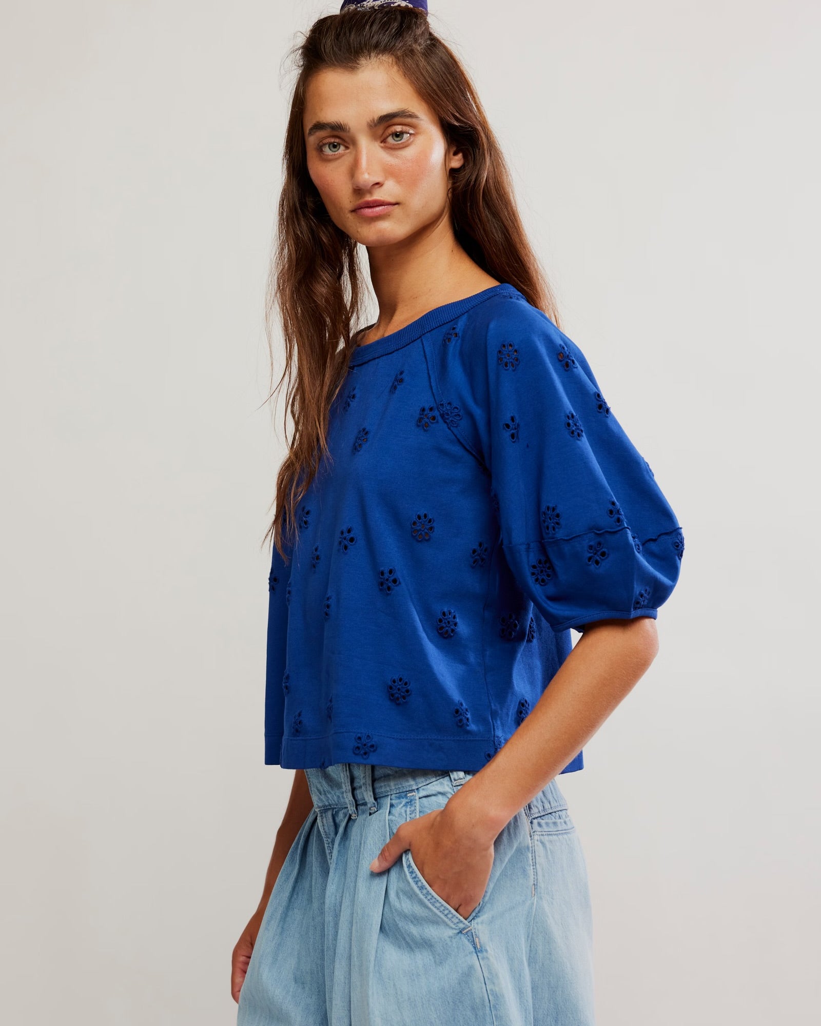 FREE PEOPLE JESSIE EYELET TEE - NAVY COMBO