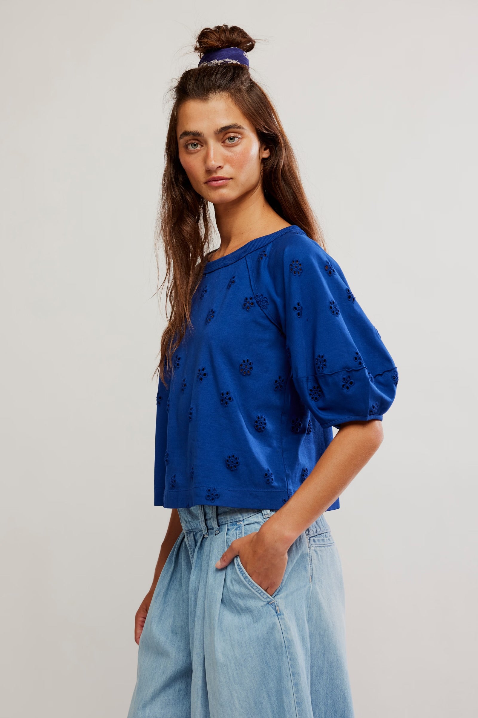 FREE PEOPLE JESSIE EYELET TEE - NAVY COMBO