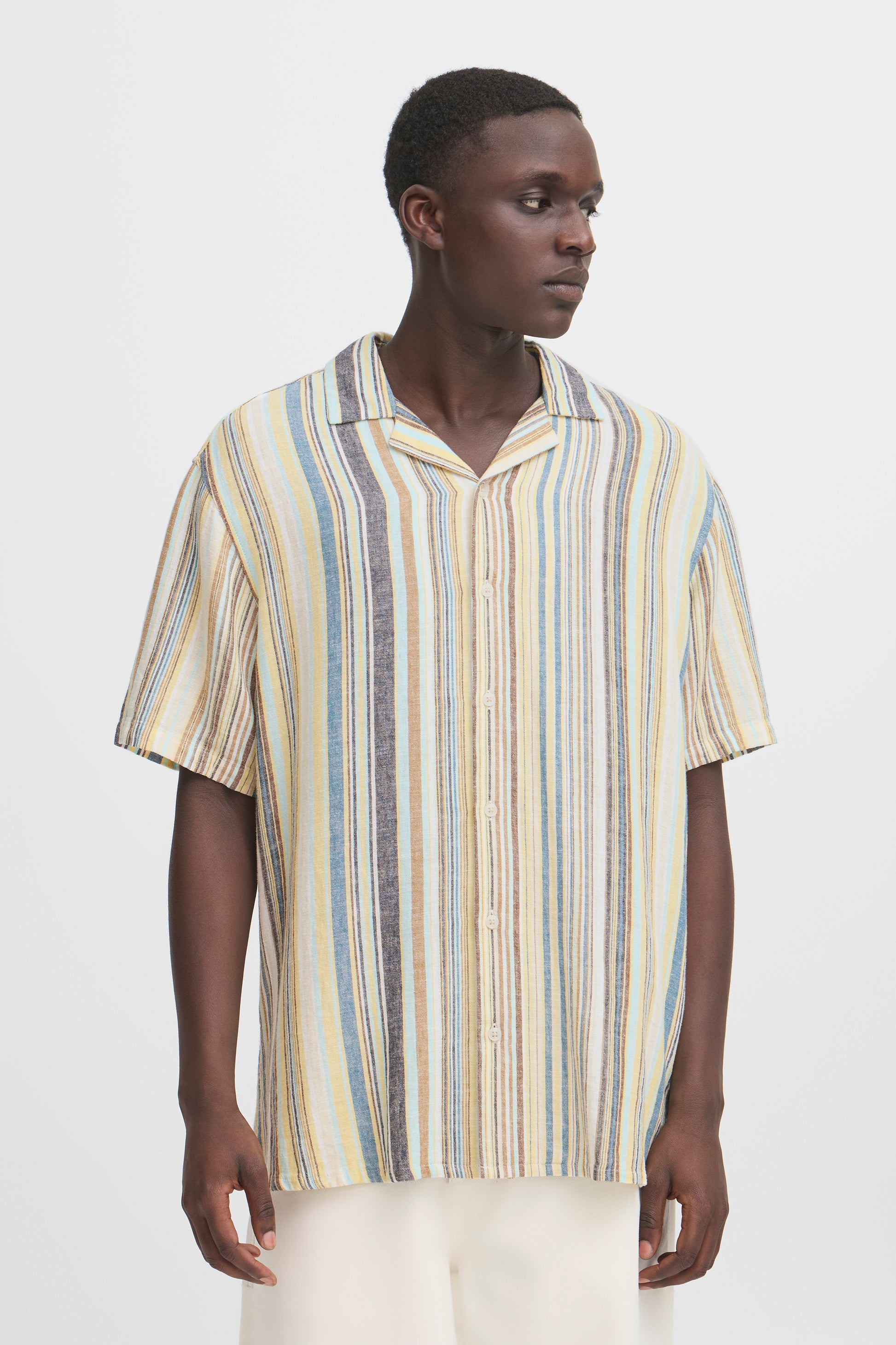 BLEND AKIS STRIPED LINEN BUTTON SHIRT - BLUE ASHES