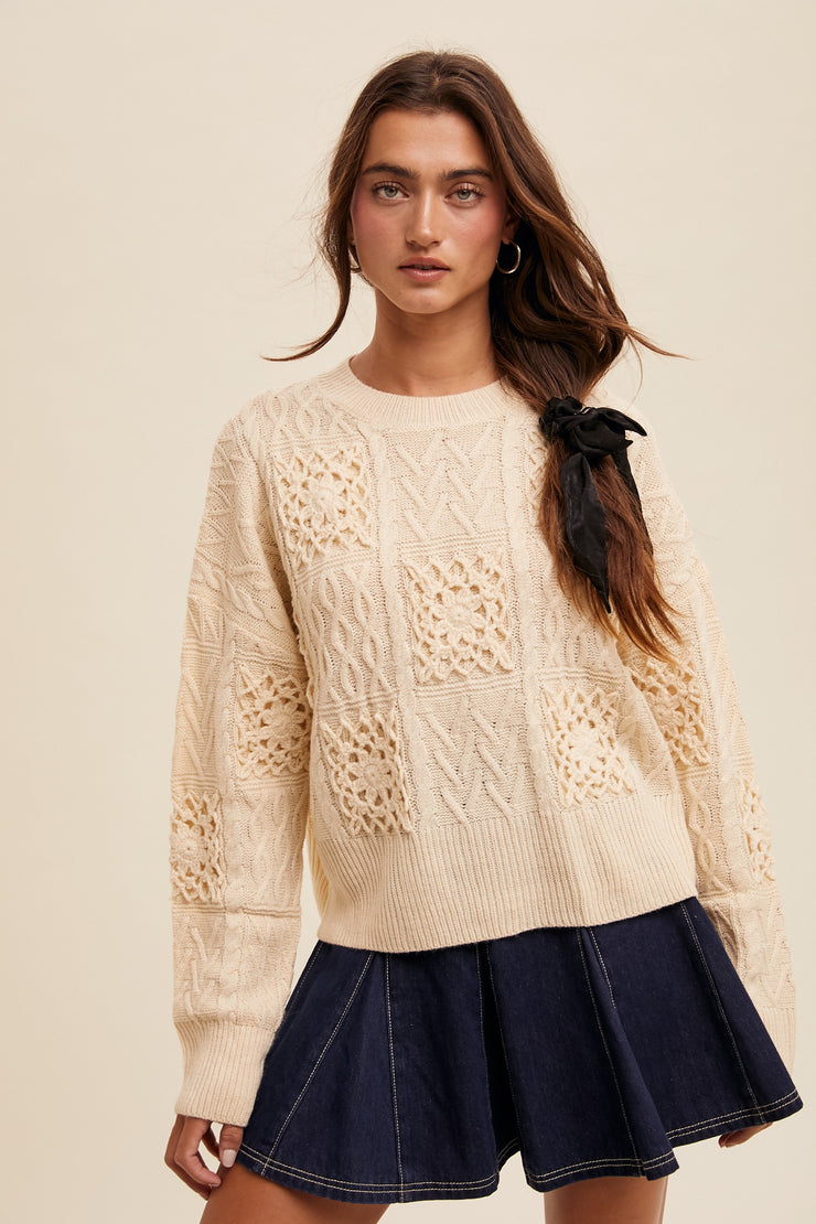 NOVA FLORAL EMBROIDERED CHECKER SWEATER - ECRU