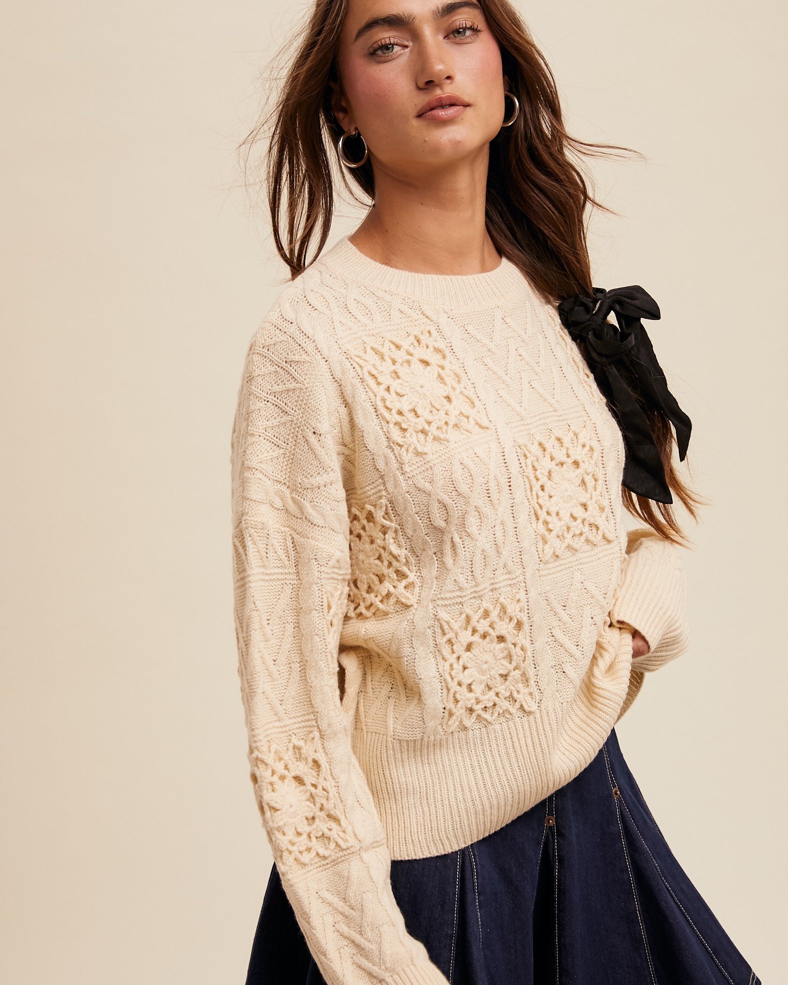 NOVA FLORAL EMBROIDERED CHECKER SWEATER - ECRU