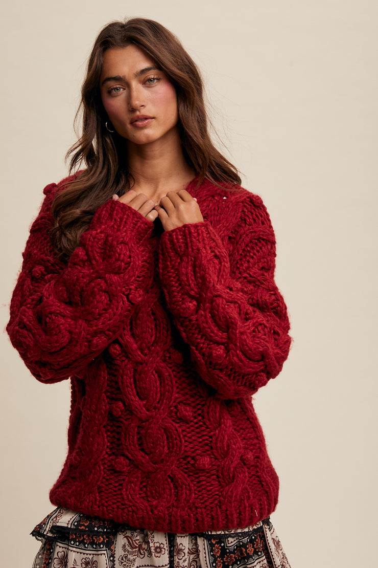 HOME FOR THE HOLIDAYS CABLE KNIT SWEATER - RED