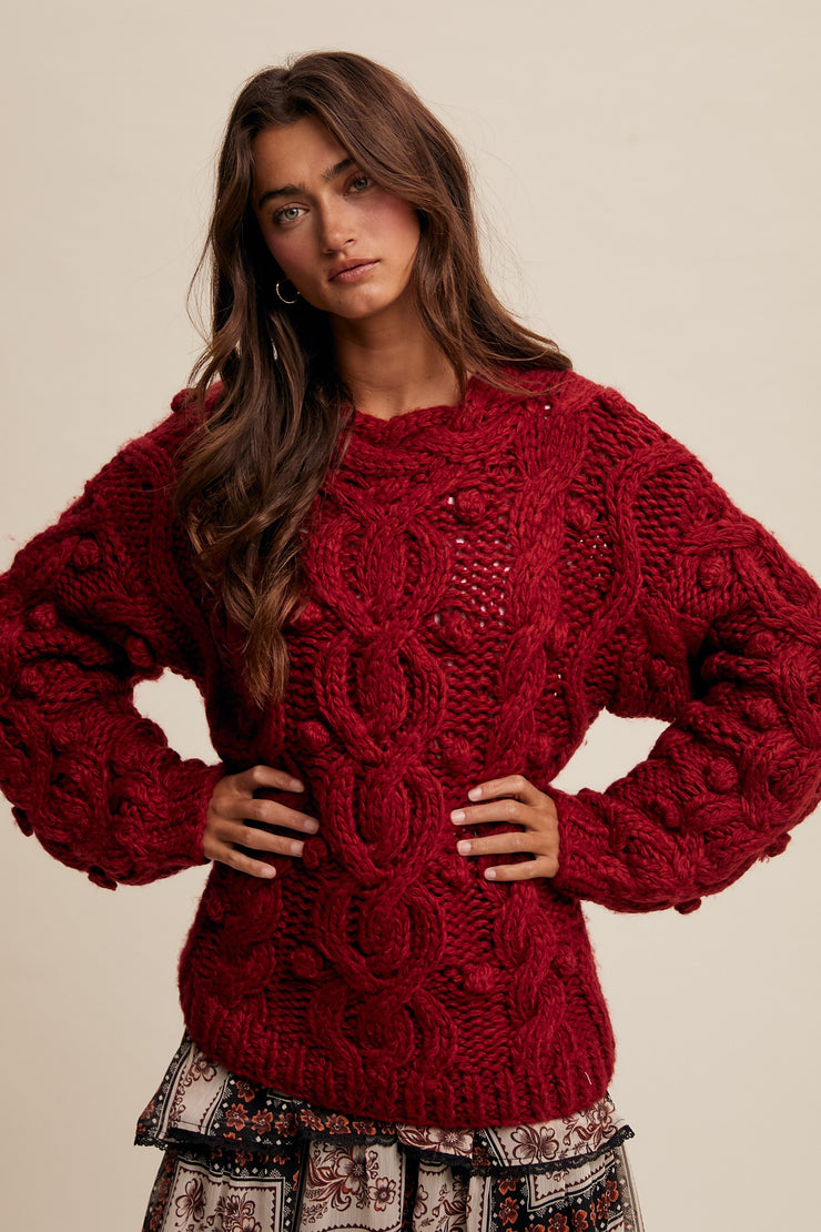 HOME FOR THE HOLIDAYS CABLE KNIT SWEATER - RED