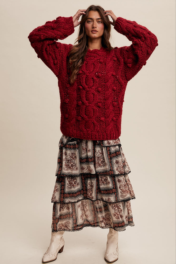 HOME FOR THE HOLIDAYS CABLE KNIT SWEATER - RED