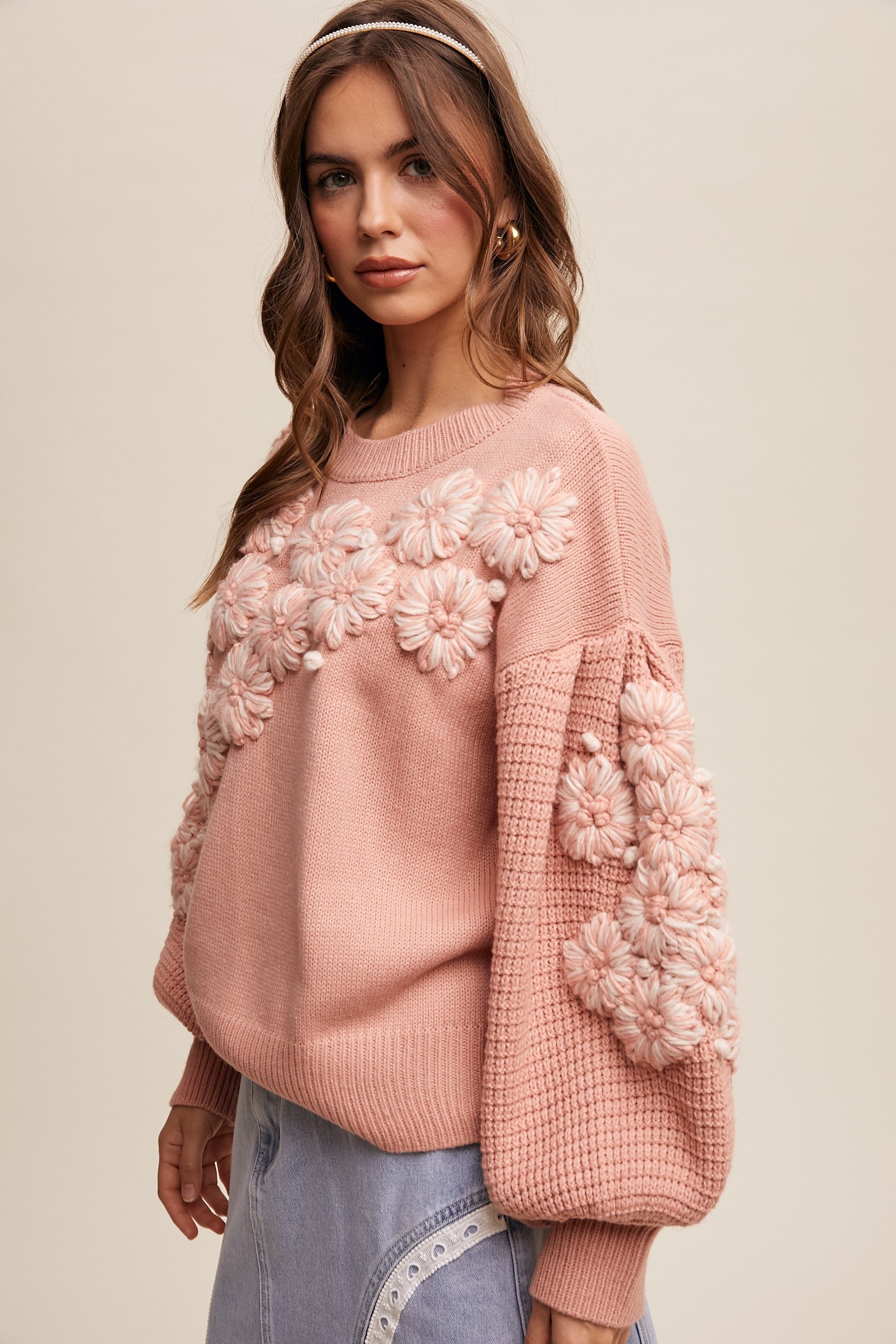 INDIE HAND EMBROIDERED KNIT SWEATER - BLUSH