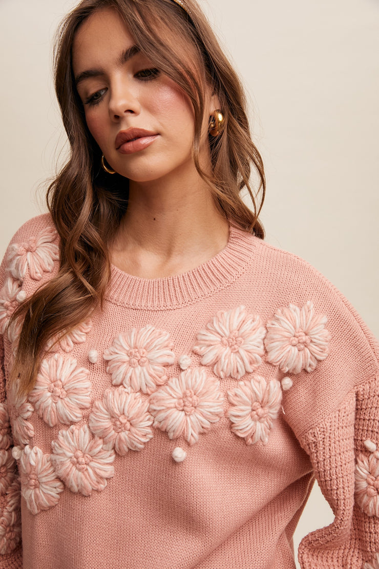 INDIE HAND EMBROIDERED KNIT SWEATER - BLUSH