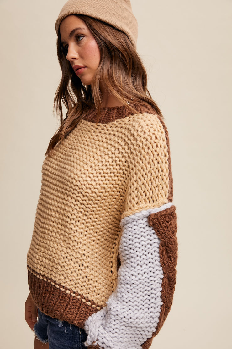 MADISON HAND CROCHET BLOCK SWEATER - TAUPE MULTI