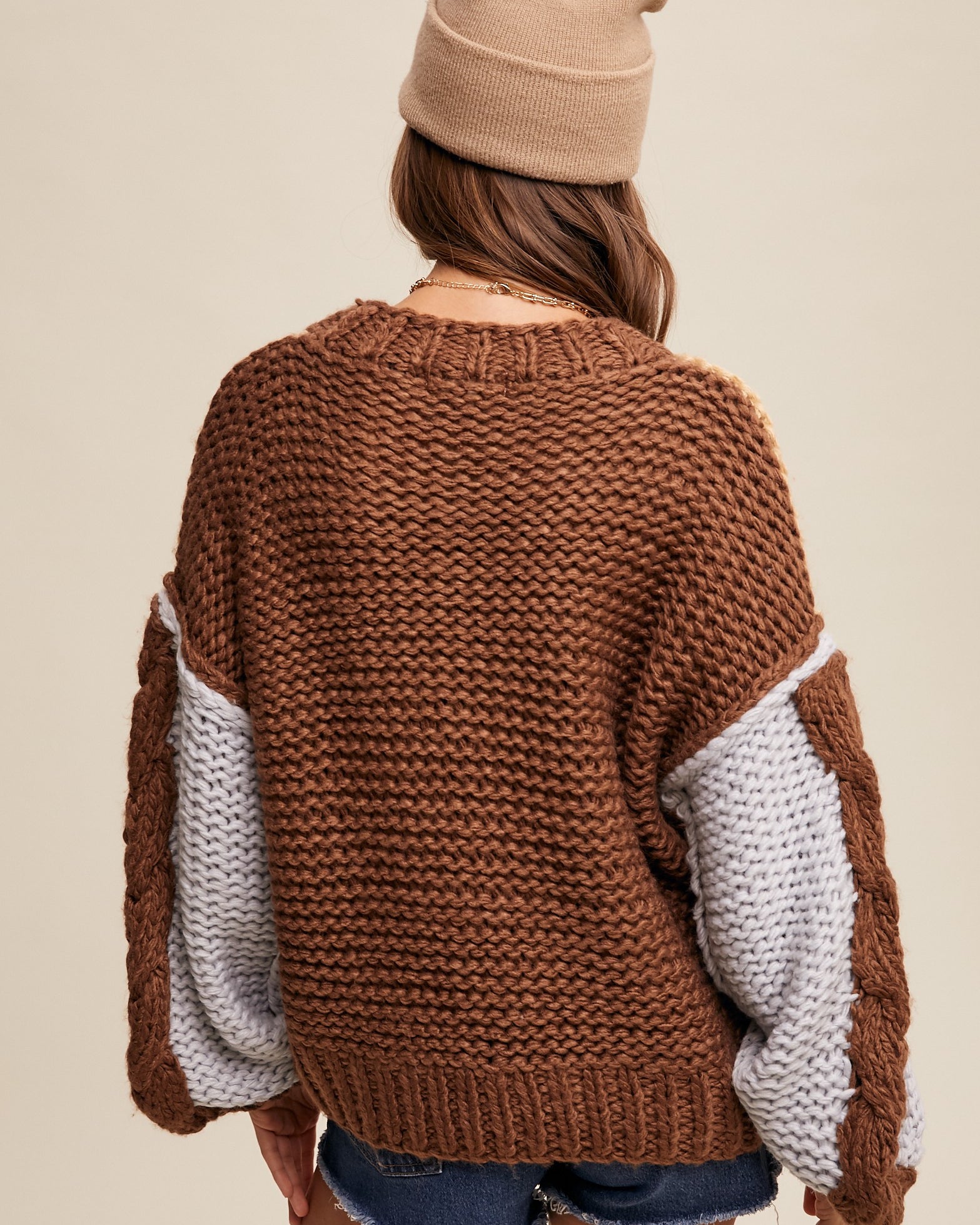 MADISON HAND CROCHET BLOCK SWEATER - TAUPE MULTI