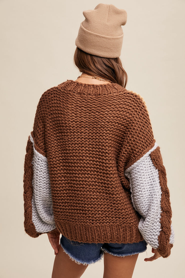 MADISON HAND CROCHET BLOCK SWEATER - TAUPE MULTI