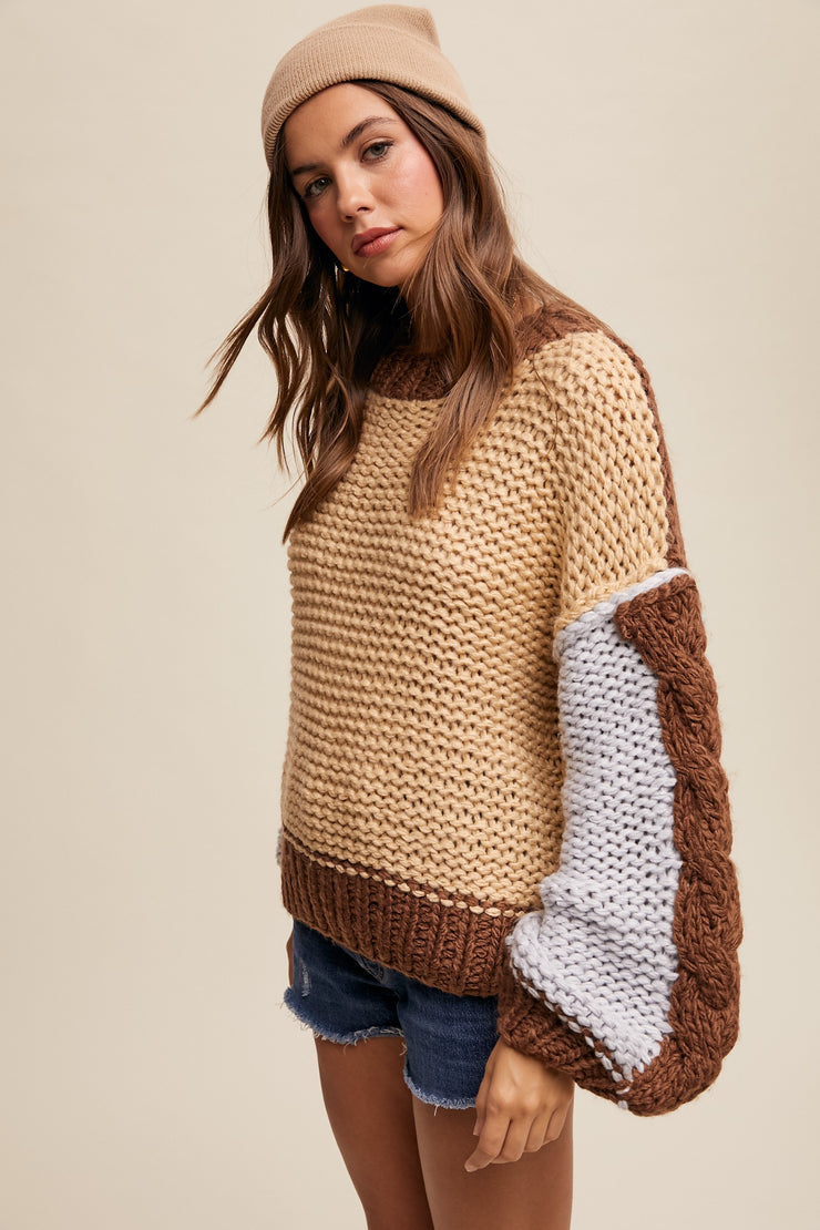 MADISON HAND CROCHET BLOCK SWEATER - TAUPE MULTI