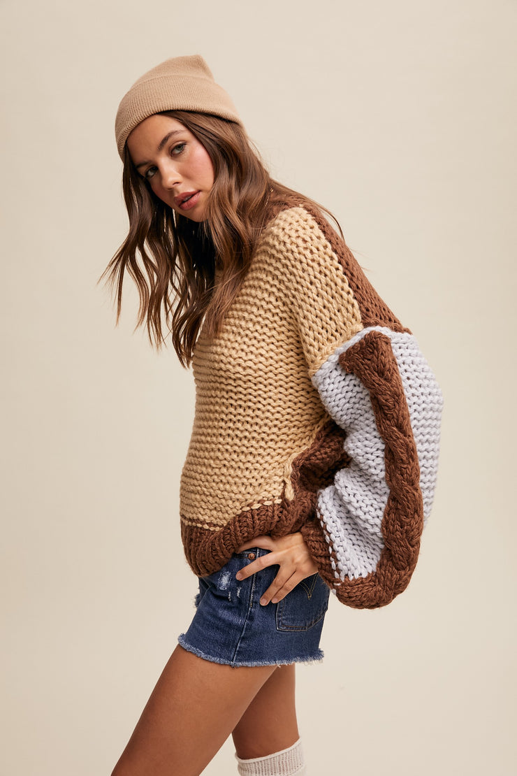 MADISON HAND CROCHET BLOCK SWEATER - TAUPE MULTI