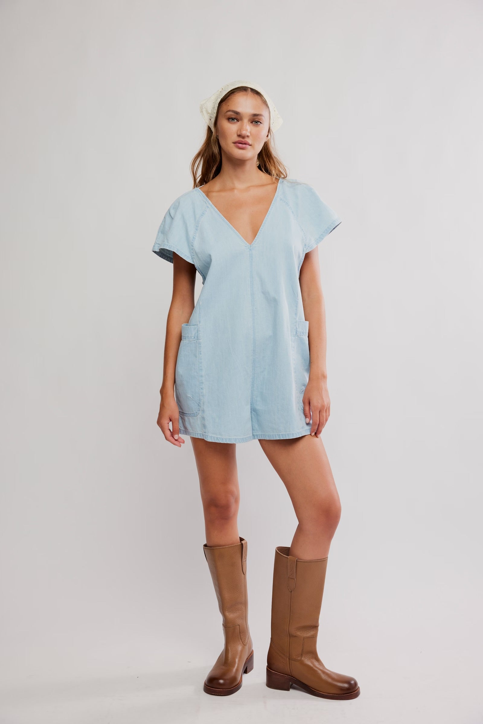 FREE PEOPLE FREE FALL DENIM ROMPER - WATER