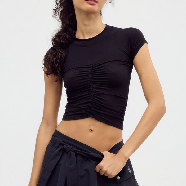FREE PEOPLE TEMPO RUCHED SHORT SLEEVE - BLACK