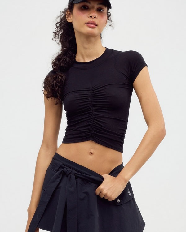 FREE PEOPLE TEMPO RUCHED SHORT SLEEVE - BLACK