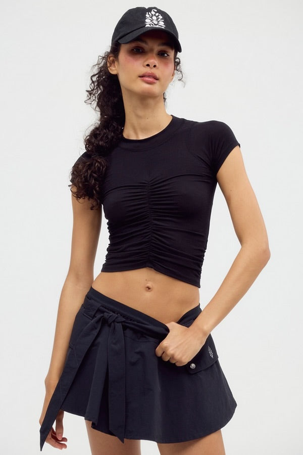 FREE PEOPLE TEMPO RUCHED SHORT SLEEVE - BLACK