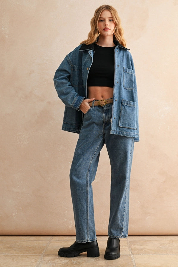 CORDUROY COLLAR DENIM UTILITY JACKET - DARK WASH