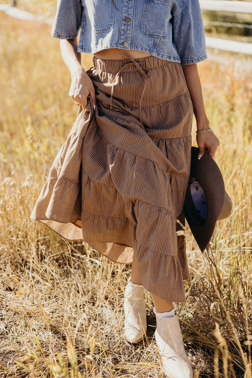 DRAWSTRING BOHO SKIRT - SADDLE STRIPE