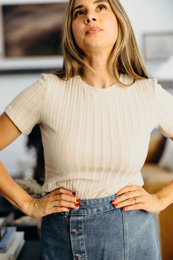 THE POINTELLE TOP - OATMEAL